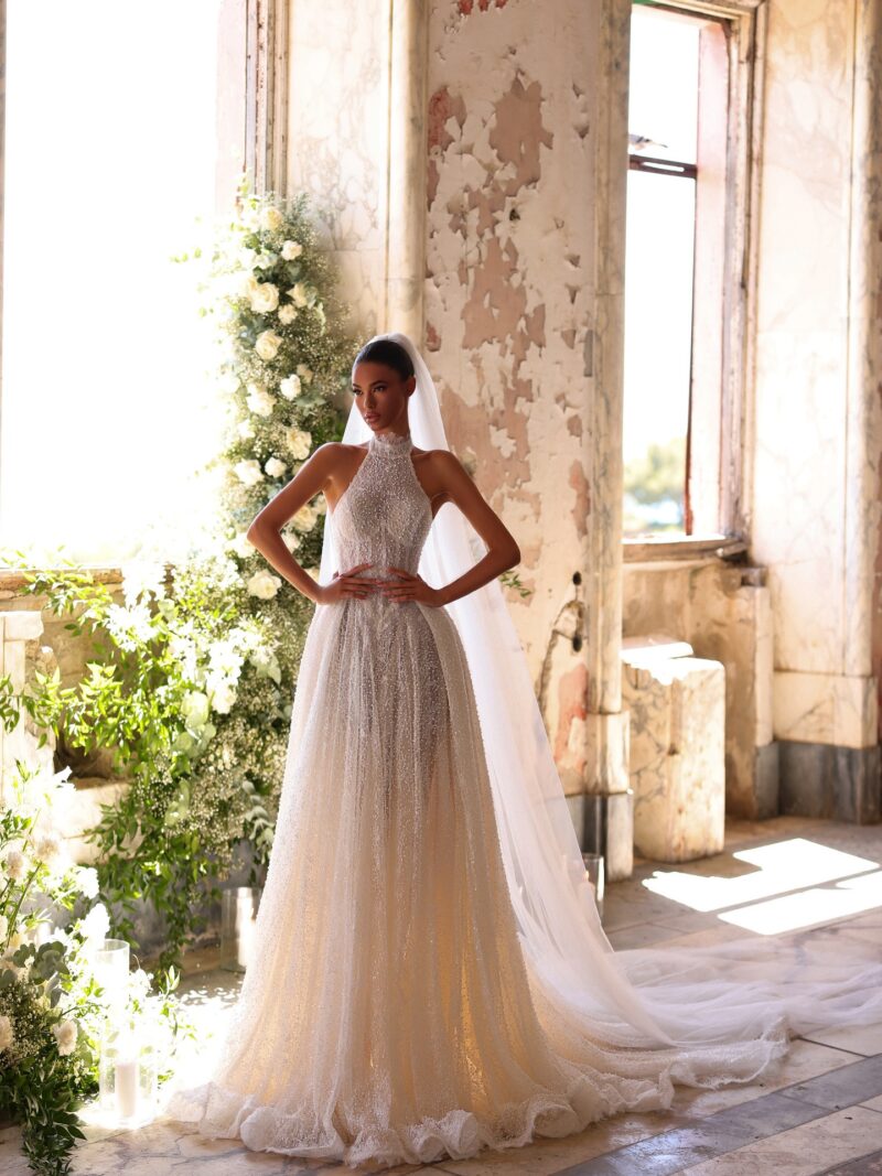 High neck A-line wedding dress with sparkle tulle and chapel train