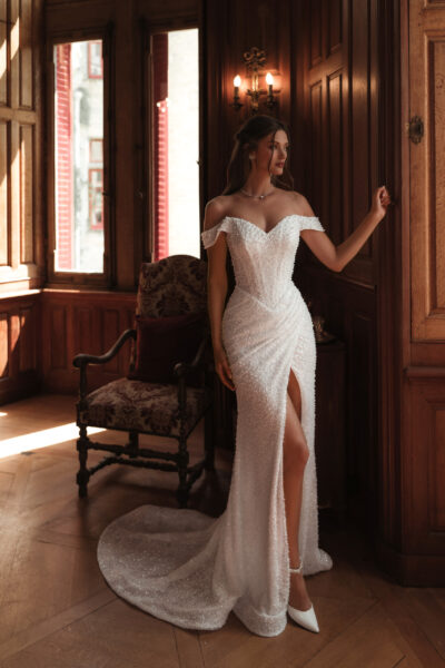 off shoulder beaded wedding dress with slit