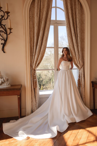 satin ballgown wedding dress with floral embroidery and long train