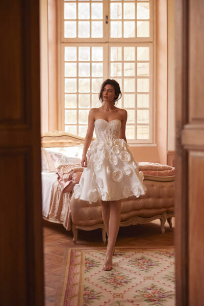 satin short A-line wedding dress with sweetheart neckline and 3D flowers