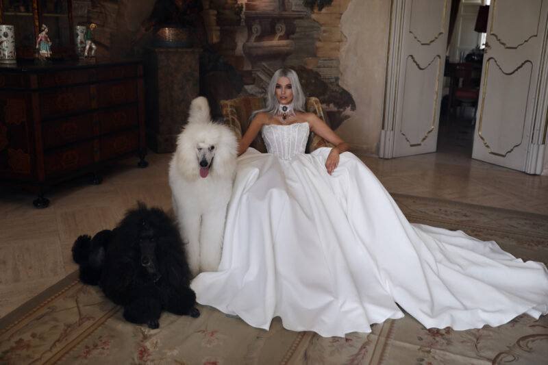 Full-length sheer corset satin bridal gown