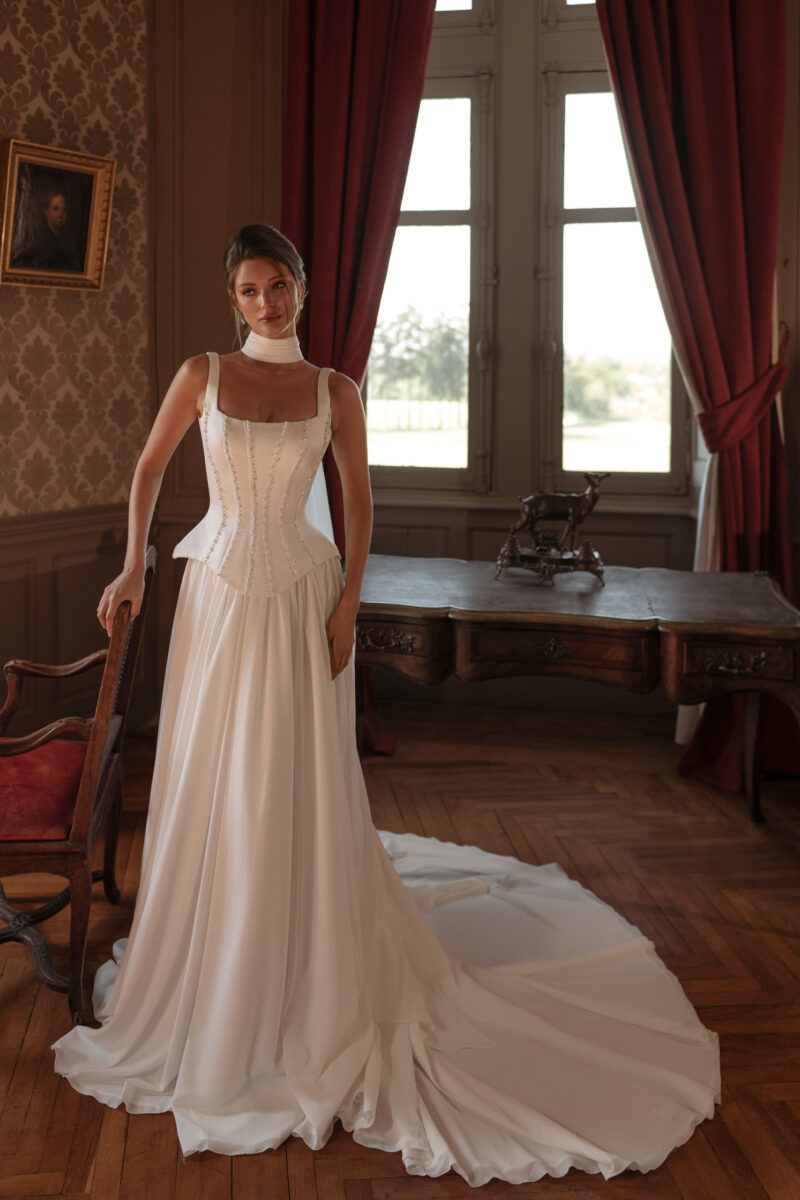 square neck satin corset wedding dress with beaded bodice