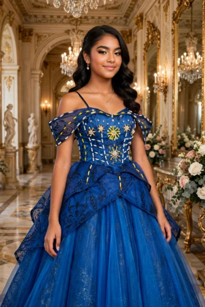 Royal Blue and Gold Quinceañera Ball Gown – BG0011